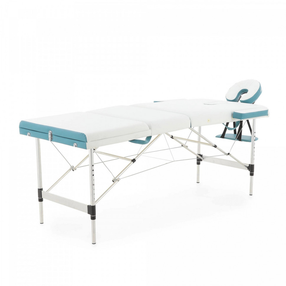 Массажный стол складной MED-MOS JFAL01A 3-х секционный, алюминиевая рама, белый-голубой Массажный стол складной MED-MOS JFAL01A 3-х секционный, алюминиевая рама, белый-голубой